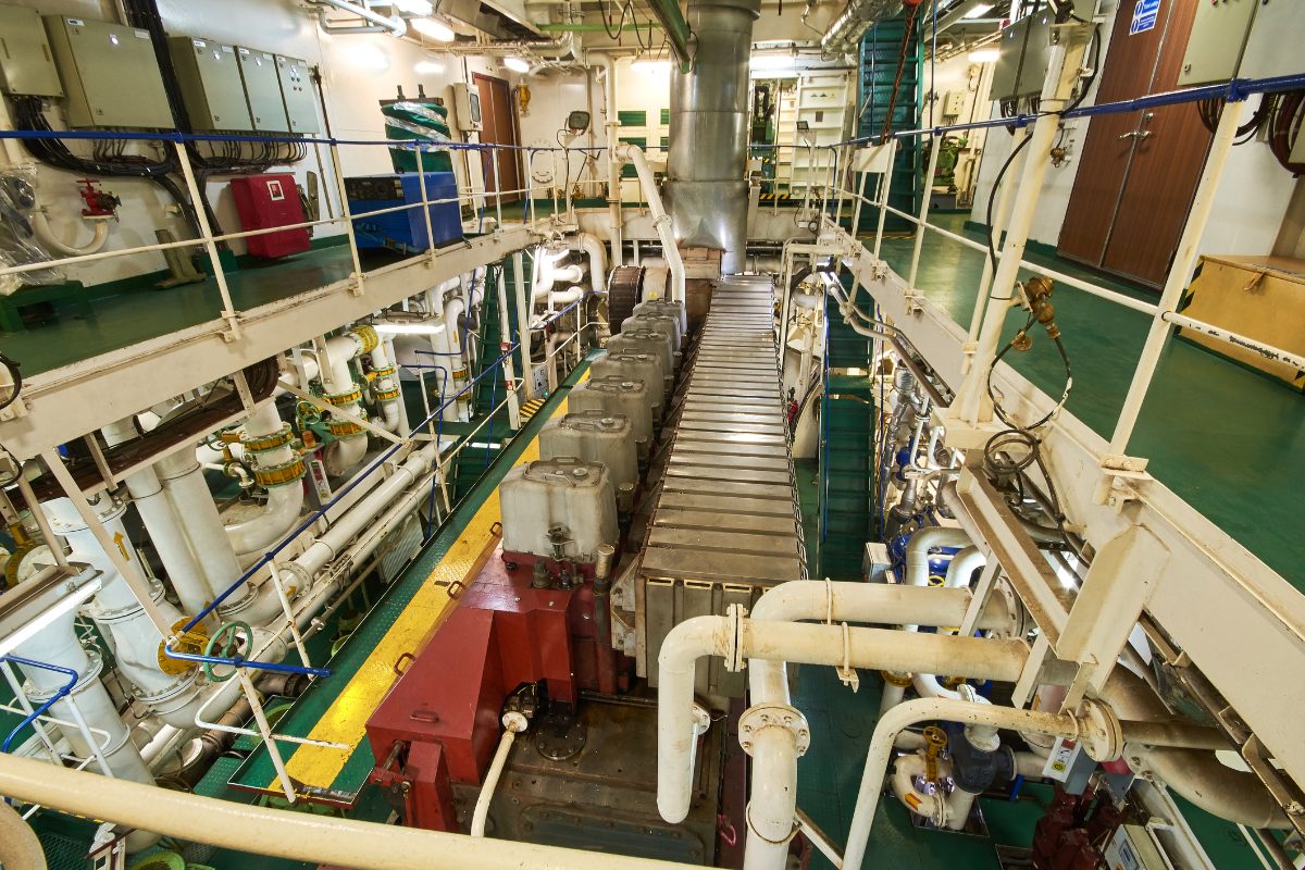Panoramic view of engine room in ship